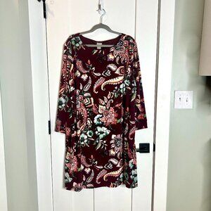 Chico's Burgundy Moody Fall Florals Shift Dress Lined Long Sleeve Size 4/XXL